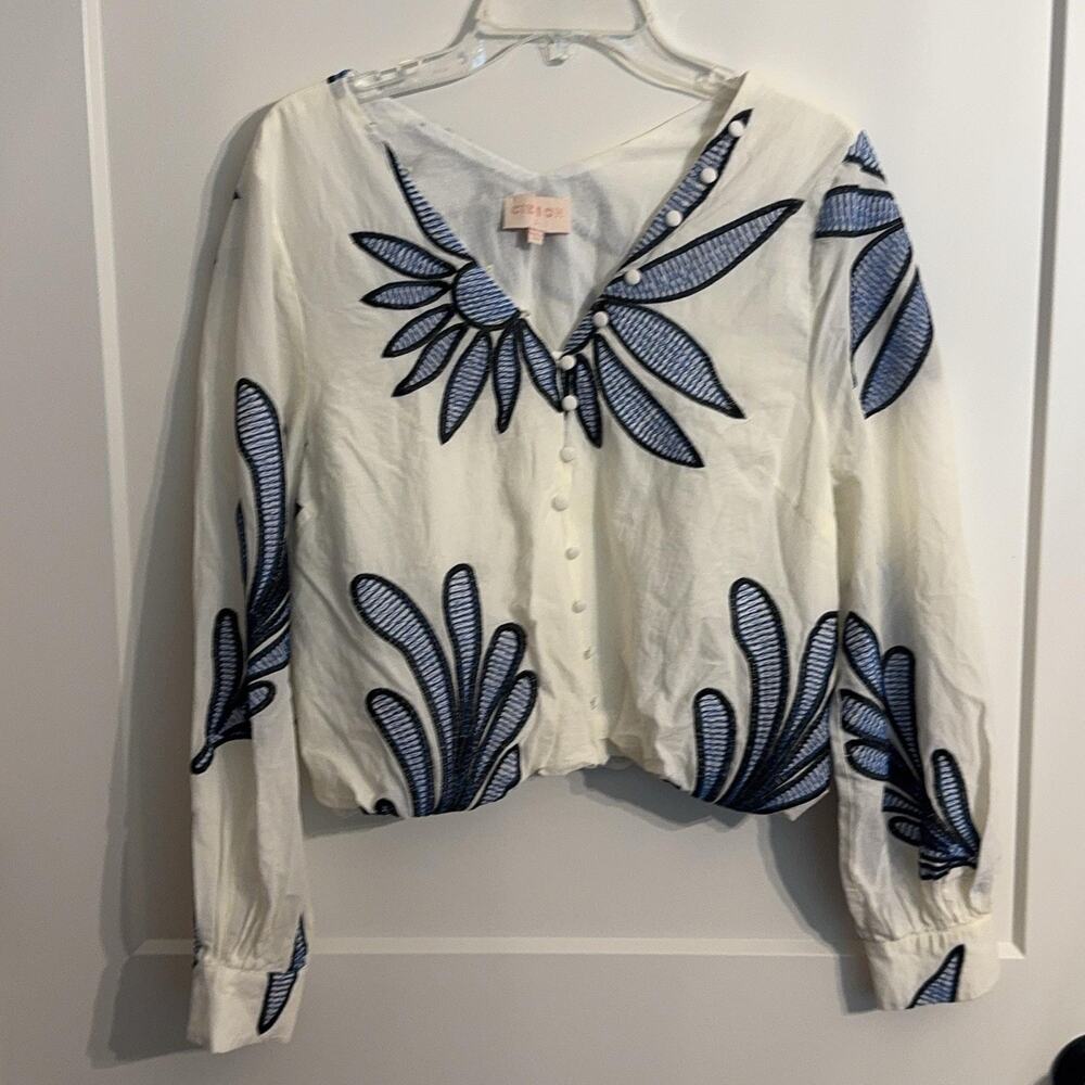Ciebon Blouse Sz L White Embroidered Floral Button Front Lined Top Boho Resort